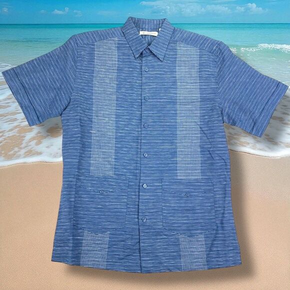 NWOT CUBAVERA Federal Blue Cotton Blend Striped Short Sleeve Button Down Shirt L - Picture 1 of 13